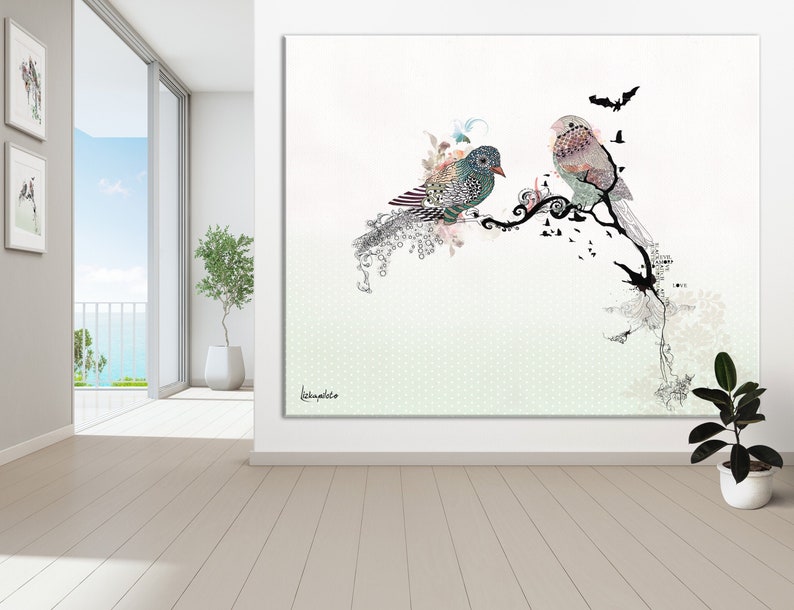 A white background with a green and pink bird perched on a branch with black and white abstract designs. The bird is looking to the right. Another bird is perched on the branch to the left of the first bird. The second bird is green and blue with a pink beak. The background is a light green with a white pattern.