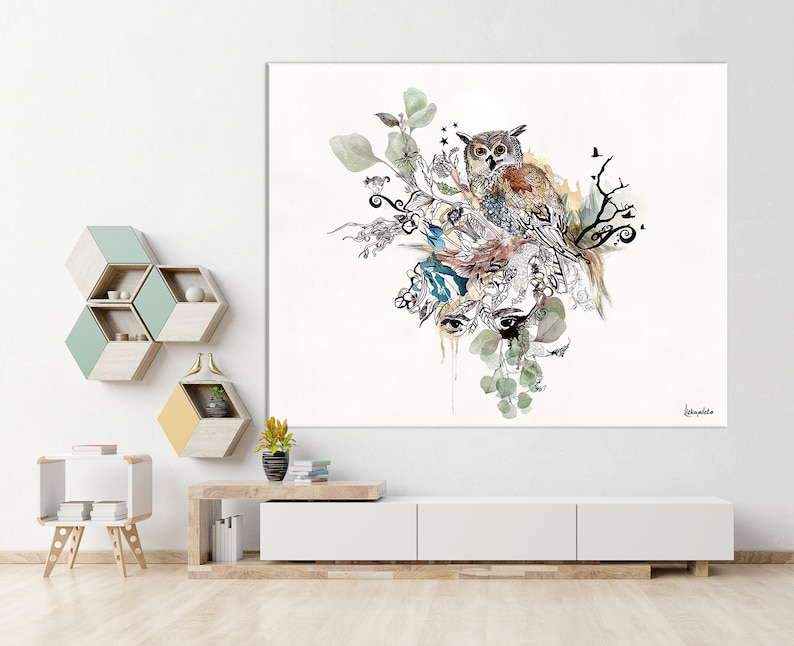 A watercolor painting of an owl perched on a branch with green leaves and other botanical elements. The owl is brown and gray with yellow eyes. The painting is on a white background and has a signature in the bottom right corner.