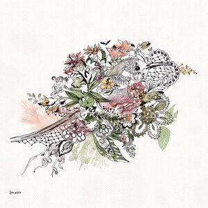 May include: A watercolor illustration of a floral bouquet with intricate details. The bouquet features pink, white, and green flowers, leaves, and vines. The background is a light beige with a subtle texture.