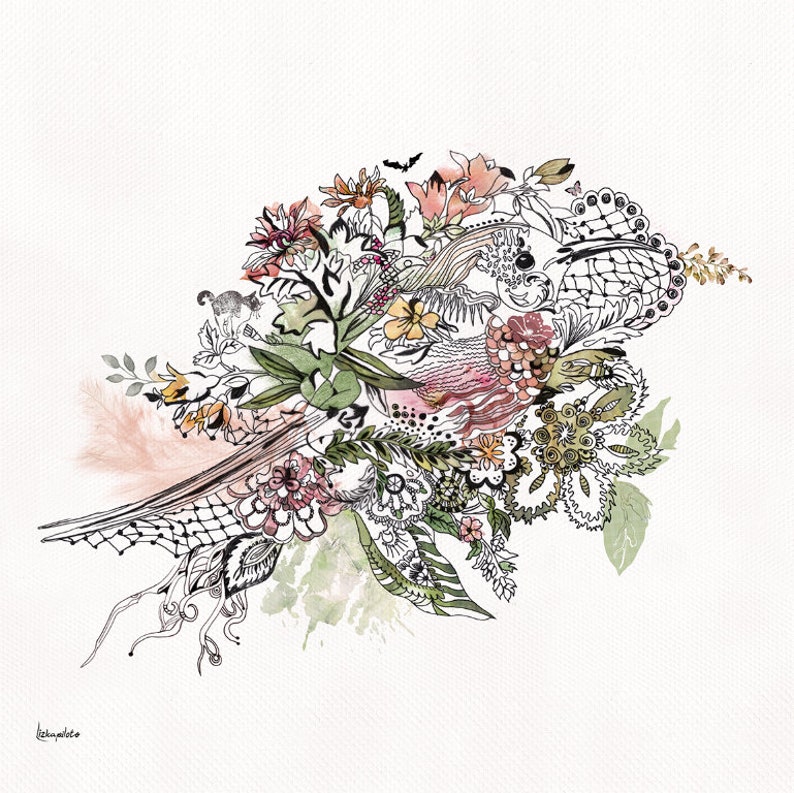 May include: A watercolor illustration of a floral bouquet with intricate details. The bouquet features pink, white, and green flowers, leaves, and vines. The background is a light beige with a subtle texture.