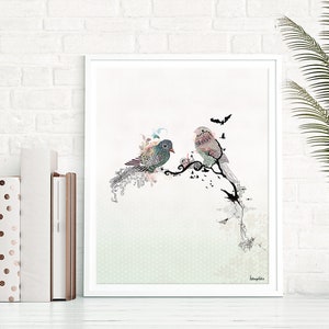 Love birds art, watercolor art, Bird illustration, Love birds painting, 11x14 print image 4