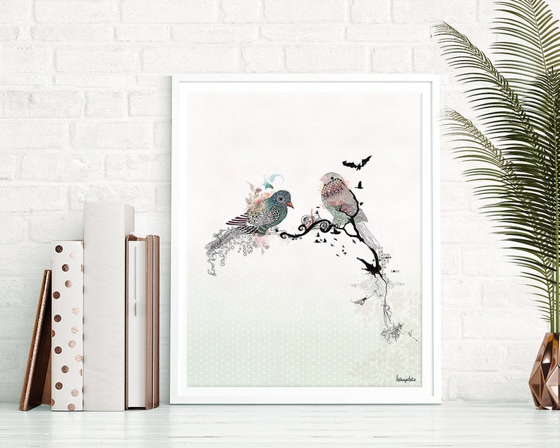 Love birds art, watercolor art, Bird illustration, Love birds painting, 11x14 print image 4