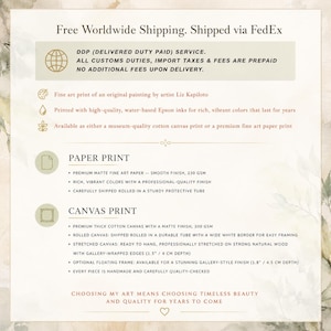 May include: An informational graphic detailing fine art print specifications. It lists paper print features like 230 gsm matte paper and canvas print options including 300 gsm cotton canvas, rolled or stretched on 1.5 inch wood, and floating frame choices.