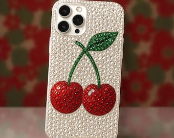 Bedazzled Red Cherry Phone case for iPhone 17 16 15 14 Pro Max, Air, Samsung S 25 Ultra, Rhinestone Bling Cover, Christmas Gift for Her