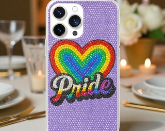 Bedazzled LGBT Pride Phone Case for iPhone 17 16 15 14 Pro Max, Air, Samsung S 25 Ultra, Rhinestone Bling Cover, Christmas Gift for Her