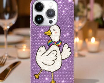 Bedazzled Cute Duck Phone Case for iPhone 17 16 15 14 Pro Max, Air, Samsung S 25 Ultra, Rhinestone Bling Cover, Christmas Gift for Her