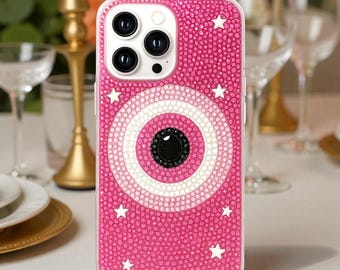 Bedazzled Pink Evil Eye Phone Case for iPhone 17 16 15 14 Pro Max, Air, Samsung S 25 Ultra, Rhinestone Bling Cover, Christmas Gift for Her