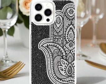 Bedazzled Hamsa Hand Phone Case for iPhone 17 16 15 14 Pro Max, Air, Samsung S 25 Ultra, Rhinestone Bling Cover, Christmas Gift for Her