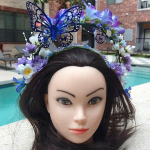 Blue Purple Flower Crown, Renaissance Fairy Floral Headband, Photoshoot Prop, Womens Headband With Flowers