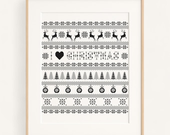 Cross Stitch and Blackwork Pattern - I Love Christmas - Nordic Embroidery PDF