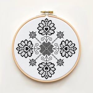 Folk Heart Medallion - Blackwork and Cross Stitch Pattern PDF - French Knot - Floral Embroidery Chart - Modern Geometric Cross Stitch