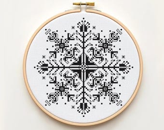 Black Rosette | Floral Blackwork Cross Stitch Pattern, Modern Ornamental Embroidery PDF