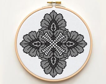 Ornamental Bloom Blackwork Cross Stitch Pattern, Geometric Floral Embroidery PDF, Modern Flower Chart