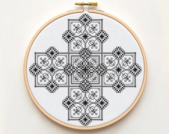Symmetrical Blackwork Pattern - Folk Floral Cross Stitch Chart - Sacred Geometry