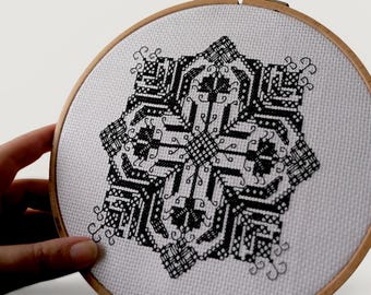 Geometric Blackwork Cross Stitch Pattern - Modern Mandala Embroidery PDF - Obsidian Bloom