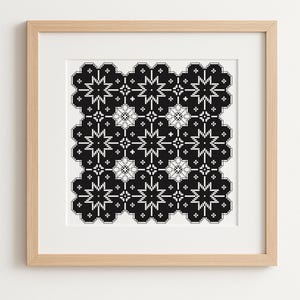 Peut inclure: Une impression encadrée présentant un motif géométrique répétitif en noir et blanc. Le design se compose de formes en étoile interconnectées et de petites croix disposées en grille, le tout dans un cadre en bois clair avec un passe-partout blanc.