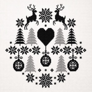 Peut inclure: Un motif de point de croix noir et blanc présentant un cœur central, entouré de motifs symétriques incluant des rennes, des sapins, des ornements décoratifs et divers flocons de neige en forme d'étoile sur une toile à grille.