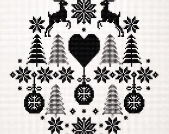 Nordic Heart Cross Stitch Pattern – Scandinavian Blackwork Embroidery – Modern Folk Hoop Design – PDF Instant Download