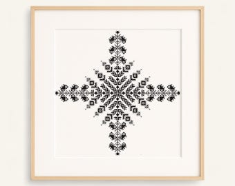 Modern Blackwork Cross Stitch Design - Floral Winter Embroidery PDF - Folk Star