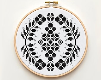 Geometric Floral Cross Stitch Pattern - Modern Blackwork Embroidery PDF - Shadow Garden