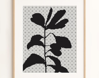 Modern Botanical Embroidery PDF - Geometric Blackwork Cross Stitch Pattern - Shadow Leaf