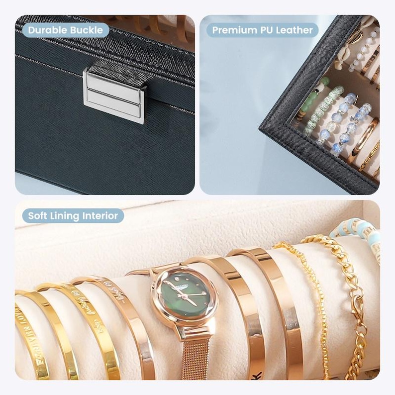 May include: A black jewelry box with a durable buckle and soft lining. The box contains a variety of gold bracelets and a rose gold watch with a green face. The top right corner shows a section with bracelets and beads.