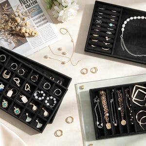 4-Layer Stackable Jewelry Organizer Trays for Earring/ Necklace/ Rings/ Bracelets with Removable Dividers