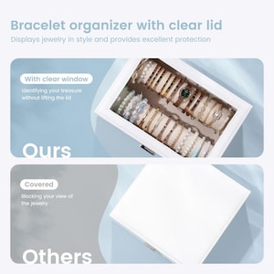 May include: A white bracelet organizer with a clear lid, showcasing various bracelets. The text reads "Bracelet organizer with clear lid" and "Displays jewelry in style and provides excellent protection."