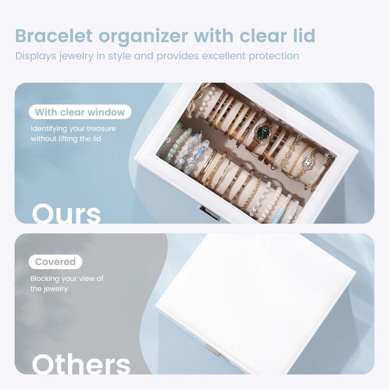 May include: A white bracelet organizer with a clear lid, showcasing various bracelets. The text reads "Bracelet organizer with clear lid" and "Displays jewelry in style and provides excellent protection."