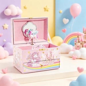 May include: A pink rectangular jewelry box featuring a unicorn and castle illustration, a pull-out drawer, and a hinged lid. Inside, a rotating unicorn figurine stands before a cloud-shaped mirror, accompanied by a clear faceted knob.