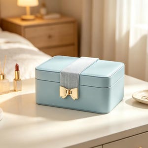May include: A rectangular light blue jewelry box with a smooth finish, featuring a central vertical grey textured strap and a gold-toned metal bow-shaped clasp on the front. The box has a clean, structured design with rounded corners.