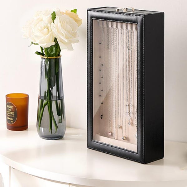 PU Leather Necklace Display Organizer Box with Velvet Tray and Clear Window