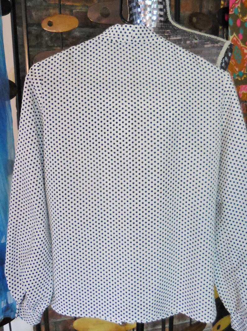 Extra Long TieBow -Career Wear Size SM Long Sleeves White wNavy Blue Polka Dots Vintage 1970/'s Pussy Bow Blouse Shirt Mad Men