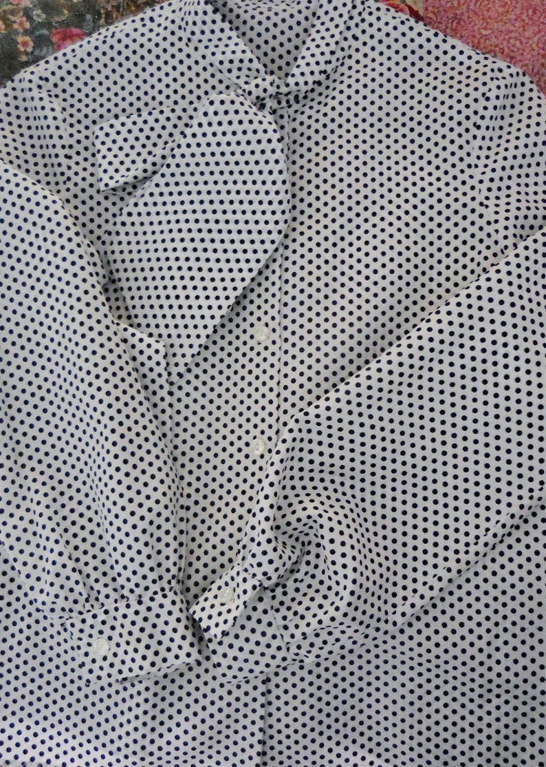 Extra Long TieBow -Career Wear Size SM Long Sleeves White wNavy Blue Polka Dots Vintage 1970/'s Pussy Bow Blouse Shirt Mad Men