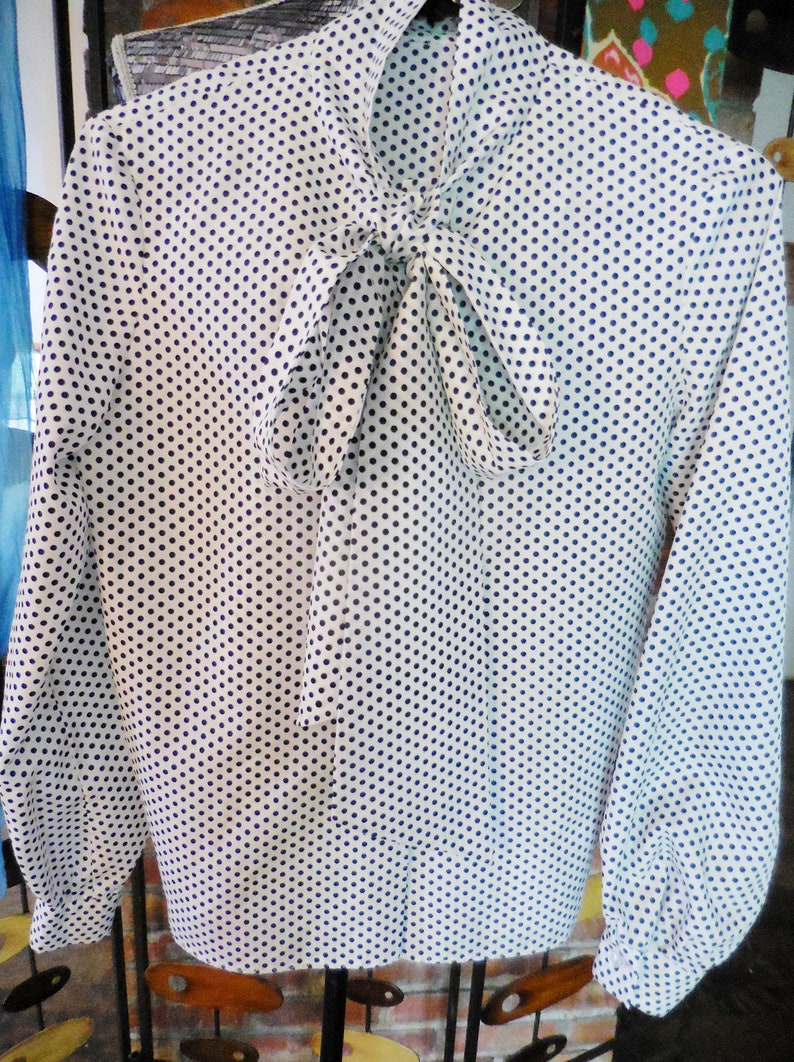 Extra Long TieBow -Career Wear Size SM Long Sleeves White wNavy Blue Polka Dots Vintage 1970/'s Pussy Bow Blouse Shirt Mad Men