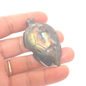 Peut inclure: Une figurine de tortue en labradorite sculptée. La tortue est grise avec des reflets irisés bleus, dorés et verts. La figurine est tenue dans une main, mettant en valeur les détails de la pierre sculptée.