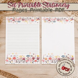 Puede incluir: Dos hojas de papelería imprimible con bordes florales de acuarela en rosa, amarillo y azul. Una hoja está rayada, la otra está en blanco. El texto en la parte superior dice Set Printable Stationery Pages Printable PDF. Una insignia circular muestra 8.5-11, 11-8.5, A4, A6.