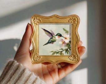 Cuadro al óleo original de colibrí, mini cuadro de pared enmarcado, lienzo pintado a mano, decoración botánica de aves, regalo para amantes de las aves.