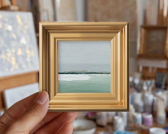 Miniatura de pintura a óleo com cena costeira tranquila, paisagem abstrata original pintada à mão, lindo presente para a mãe, arte de parede para galeria com toque neutro.