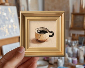 Mini Coffee Mug Canvas Oil Painting, Original Still Life Food Art, Abstract Kitchen Gallery Wall Art, Hand Painted Gift for Americano Lover