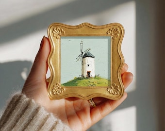 Original Green Windmill Oil Painting, Small Landscape Wall Art, Hand Painted Canvas, Cottagecore Decor