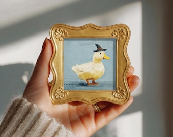 Witch Hat Duck Original Oil Painting, Mini Framed Wall Art, Hand Painted Canvas, Halloween Decor, Gift for Halloween Lovers