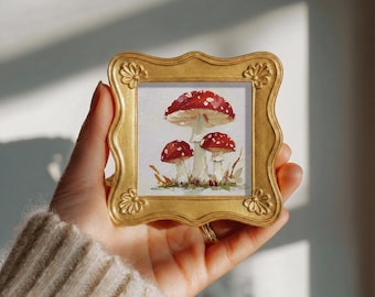 Original Mushroom Oil Painting, Mini Framed Wall Art, Hand Painted Canvas, Forest Decor, Nature Artwork, Gift for Mushroom Lover