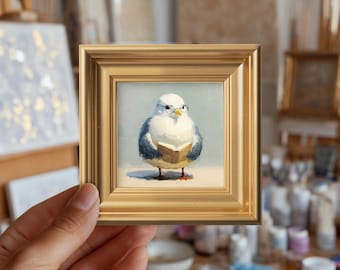 Lese Möwe Original Ölgemälde, Mini gerahmt Wandkunst, handbemalte Leinwand, Vogel Kunst, Geschenk für Buchliebhaber