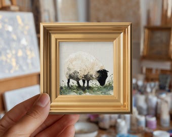 Grazing Sheep Original Oil Painting, Hand Painted Mini Framed Wall Art, Kitchen Wall Decor, Animal Art, Gift for Farm Lovers