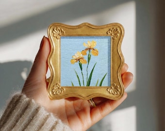 Yellow Iris Original Oil Painting, Still Life Mini Framed Wall Art, Hand Painted Canvas, Botanical Decor, Gift for Mother