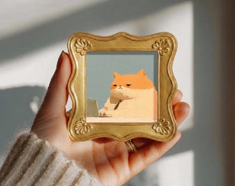 Weary Cat Oil Painting, Original Mini Office Art with a Laptop, Small Space Decor