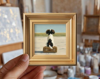 Dog Sitting on a Suitcase Oil Painting: Original Mini Pet Artwork, Nursery Decor