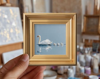 Swan Mom & Cygnets Mini Original Oil Painting, Hand Painted Family Art, Mothers Day Gift, Bathroom Gallery Wall Decor