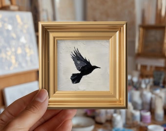 Flying Crow Original Oil Painting, Hand Painted Mini Framed Wall Art, Kitchen Decor, Bird Art, Gift for Crow Lovers